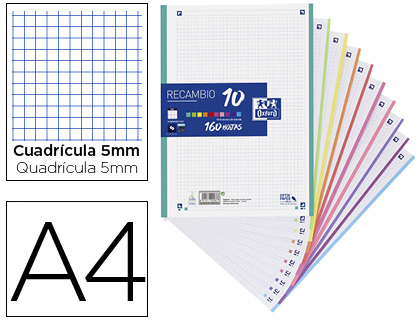 RECAMBIO COLOR OXFORD DIN A4 160 HOJAS 90 GR OPTIK PAPER CUADRO 5 MM 4 TALADROS BANDA 10 COLORES