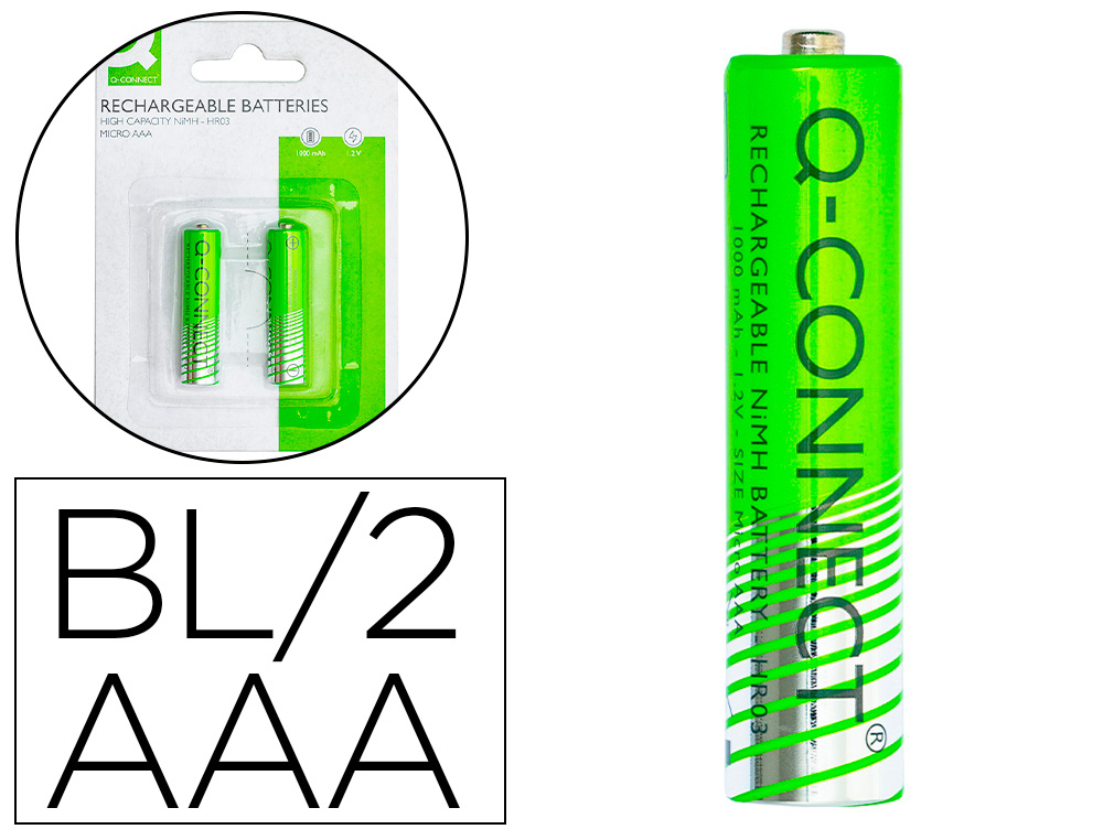 PILHA Q-CONNECT ALCALINA AAA 1000 MAH RECARREGAVEL BLISTER DE 2 UNIDADES