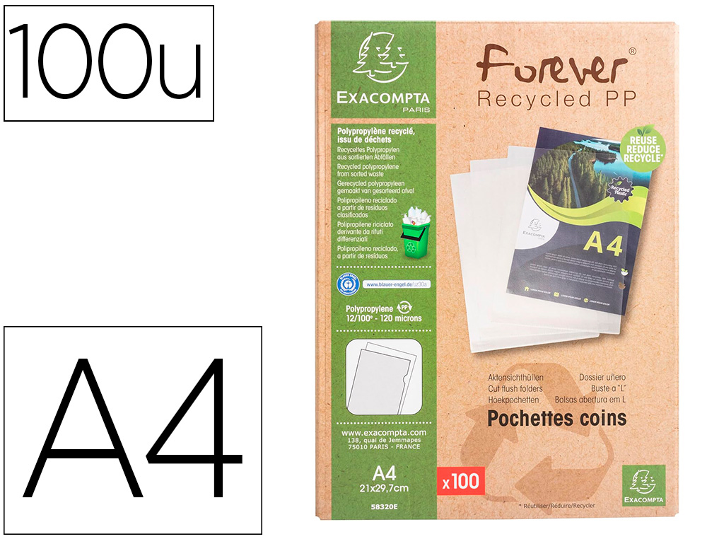 BOLSA DOSSIER EXACOMPTA RECICLADO POLIPROPILENO 120 MICRONS DIN A4 CAIXA DE 100 UNIDADES