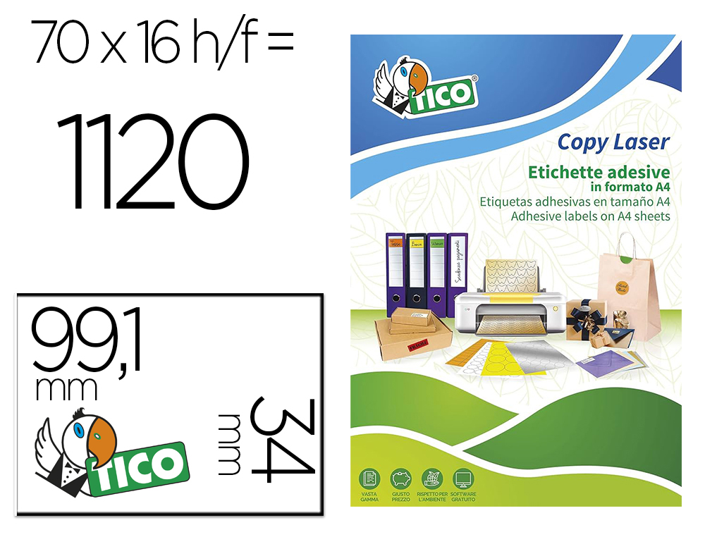 ETIQUETA ADESIVA TICO VERMELHO FLUOR PERMANENTE CERTIFICADO FSC LASER/JATO TINTA/FOTOCOPIA 99,1X34 MM CAIXA 1120 UDS