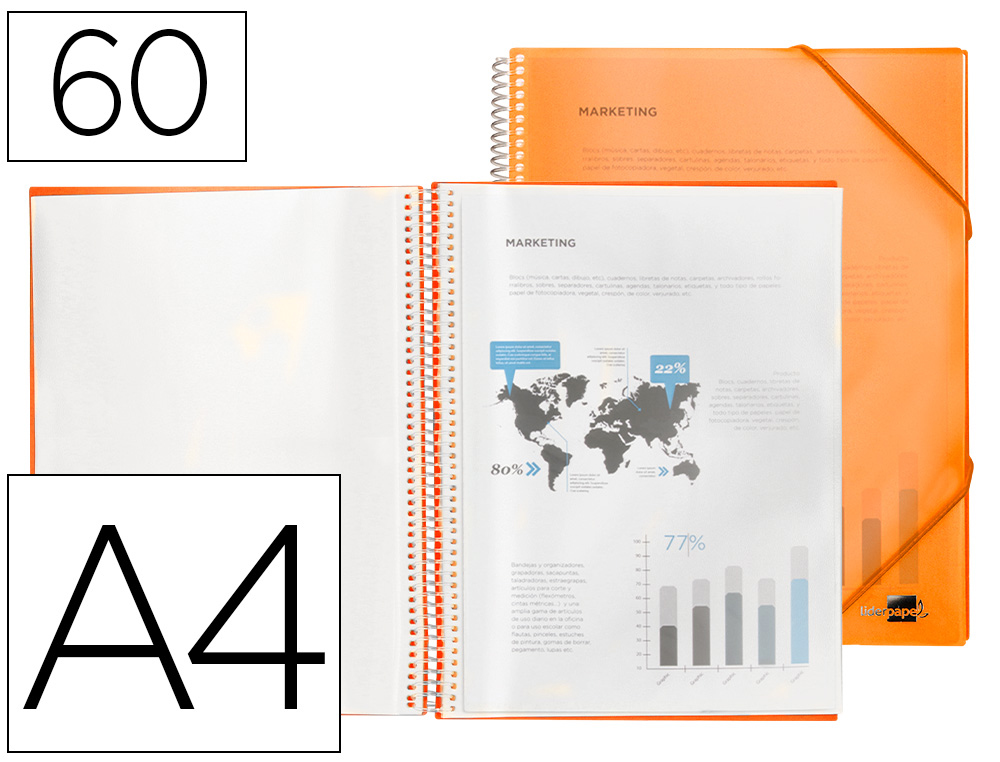CAPA CATALOGO LIDERPAPEL COM ESPIRAL 60 BOLSAS POLIPROPILENO DIN A4 LARANJA