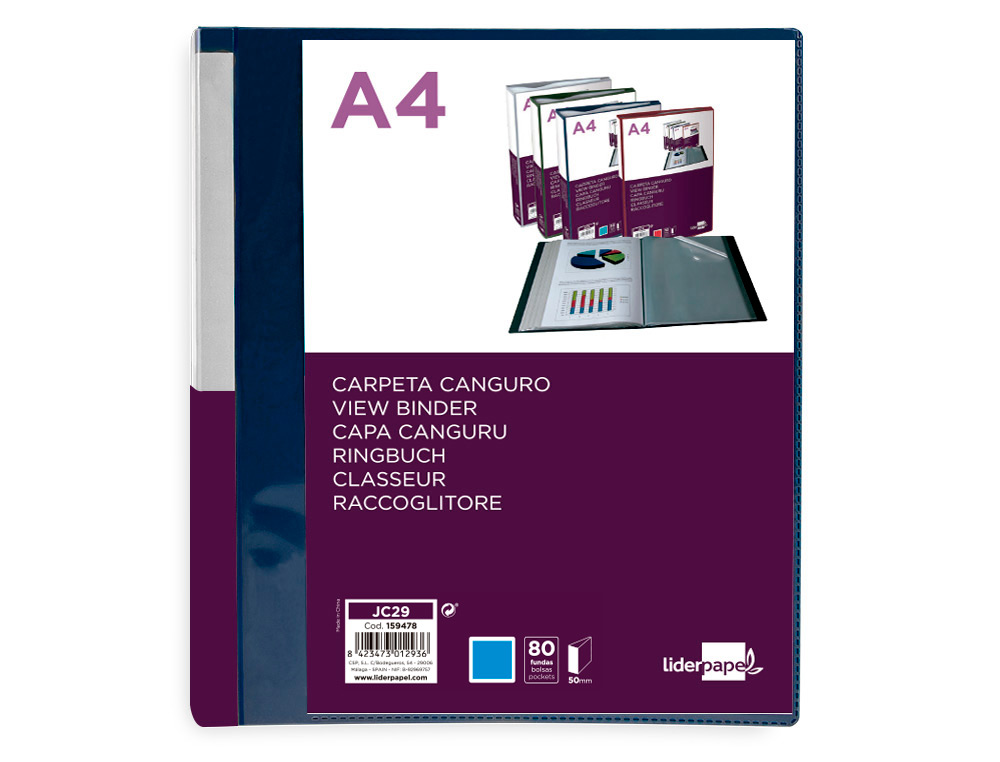 PASTA CANGURU LIDERPAPEL 80 BOLSAS POLIPROPILENO DIN A4 AZUL TRANSLUCIDO CAPA E LOMBADA PERSONALIZAVEL