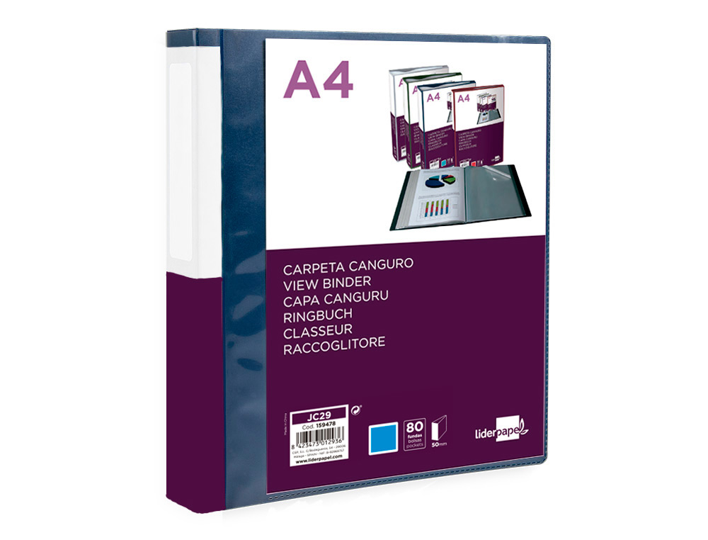 PASTA CANGURU LIDERPAPEL 80 BOLSAS POLIPROPILENO DIN A4 AZUL TRANSLUCIDO CAPA E LOMBADA PERSONALIZAVEL