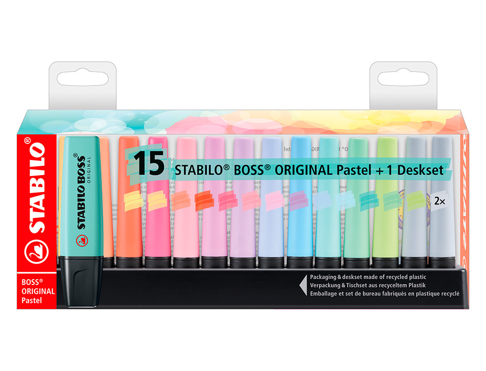MARCADOR FLUORESCENTE STABILO BOSS 70 PASTEL DESKSET ESTOJO DE 15 UNIDADES CORES SORTIDAS