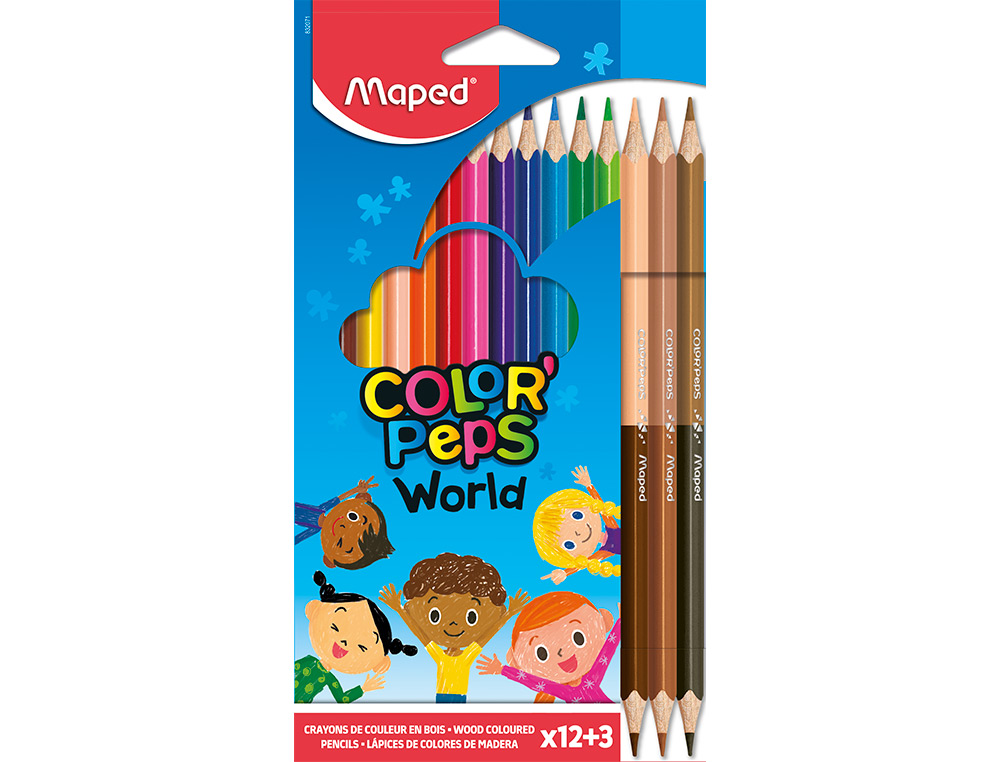 LAPIS DE COR MAPED COLOR PEPS WORLD CAIXA DE 12 CORES SORTIDAS + 3 DUO TONS DE PELE
