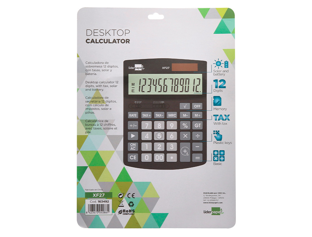 CALCULADORA LIDERPAPEL DE SECRETARIA XF27 12 DIGITOS TAXAS SOLAR E PILHAS COR PRETO 155X115X25 MM