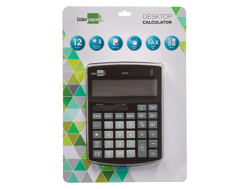 CALCULADORA LIDERPAPEL DE SECRETARIA XF27 12 DIGITOS TAXAS SOLAR E PILHAS COR PRETO 155X115X25 MM