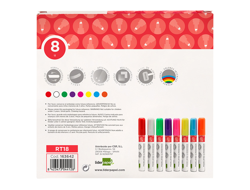 MARCADOR LIDERPAPEL DE GIZ LIQUIDO PARA VIDRO PONTA REDONDA TRACO 6 MM CAIXA DE 8 UNIDADES CORES SORTIDAS