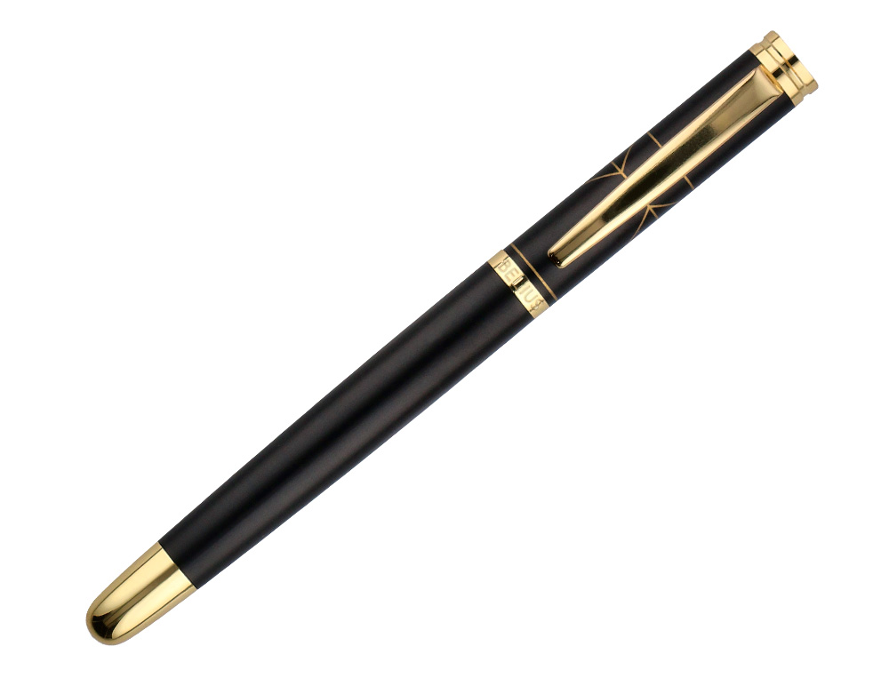 CANETA E ESTOJO BELIUS SOIREE DESENHO ART DECO PRETO E DOURADO TINTA AZUL CAIXA DESIGN