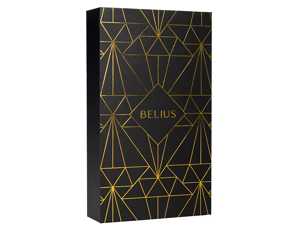 CANETA E ESTOJO BELIUS SOIREE DESENHO ART DECO PRETO E DOURADO TINTA AZUL CAIXA DESIGN