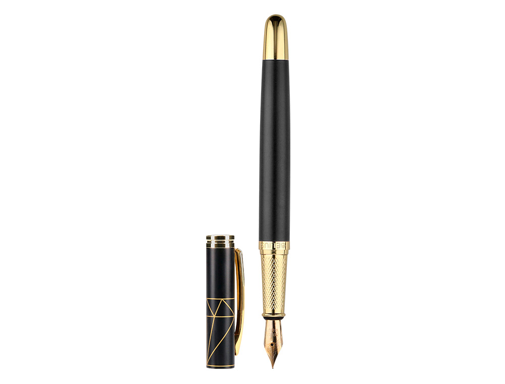 CANETA E ESTOJO BELIUS SOIREE DESENHO ART DECO PRETO E DOURADO TINTA AZUL CAIXA DESIGN