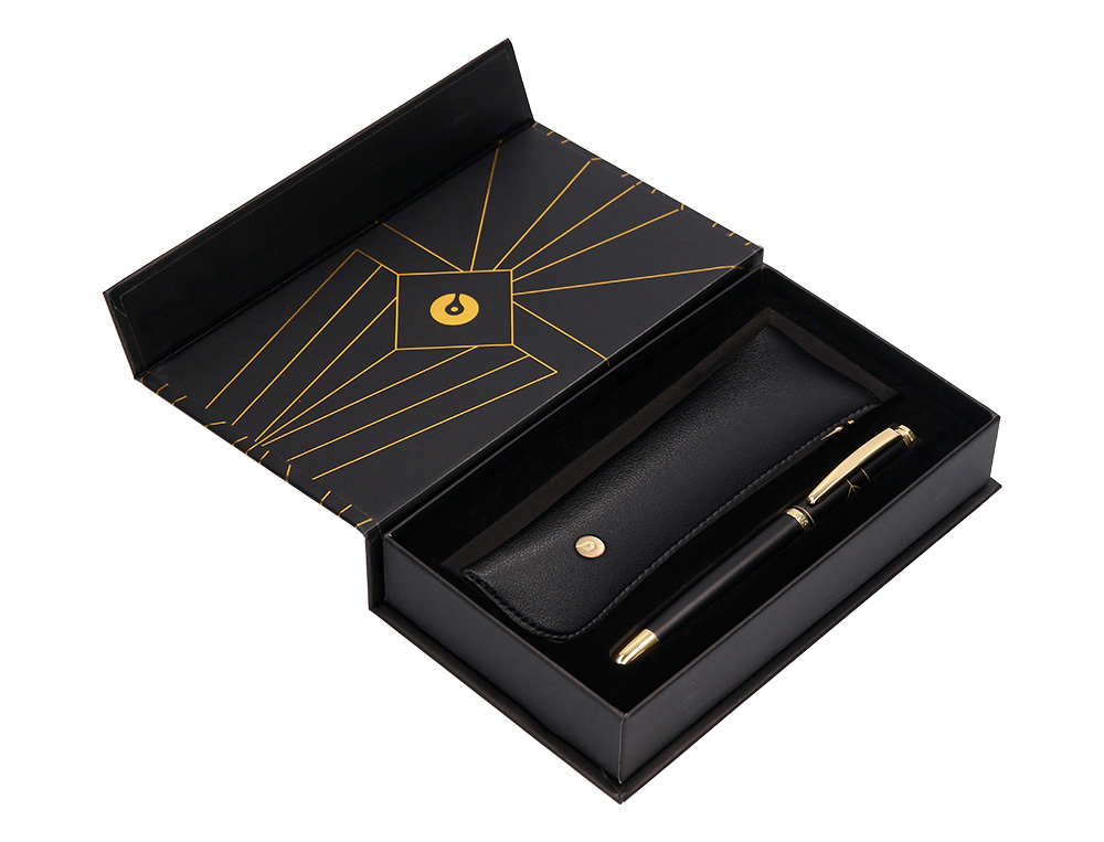 CANETA E ESTOJO BELIUS SOIREE DESENHO ART DECO PRETO E DOURADO TINTA AZUL CAIXA DESIGN