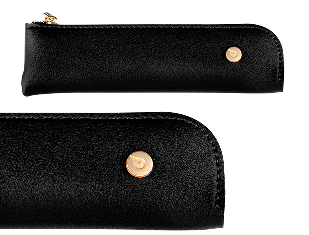 CANETA E ESTOJO BELIUS SOIREE DESENHO ART DECO PRETO E DOURADO TINTA AZUL CAIXA DESIGN