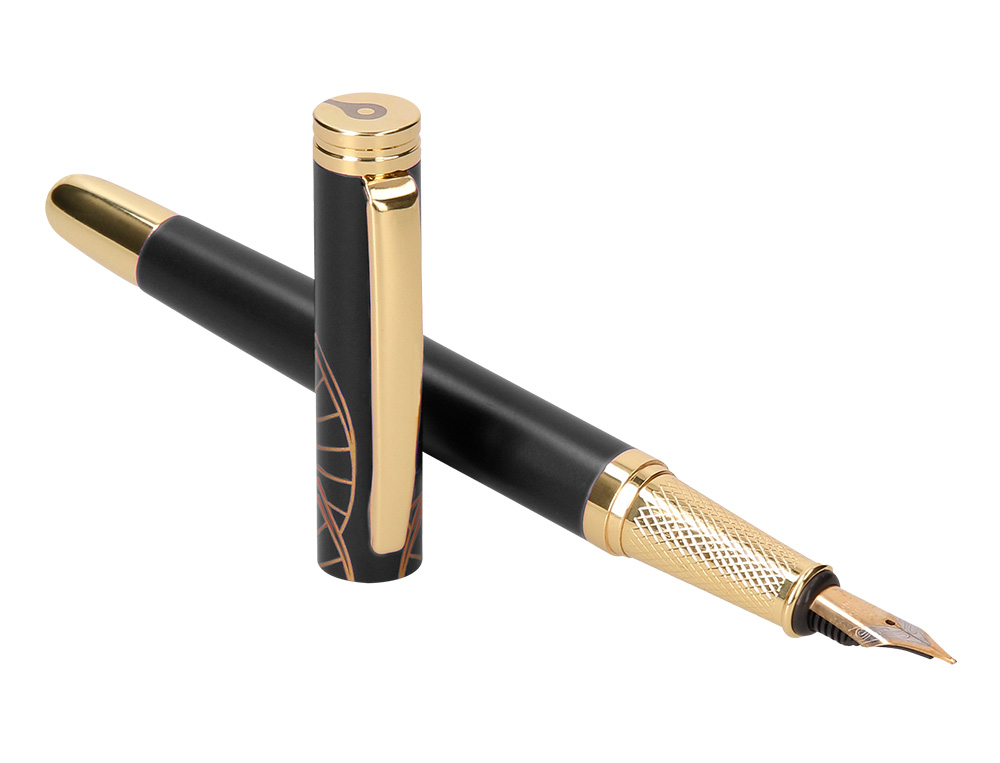 CANETA E ESTOJO BELIUS SOIREE DESENHO ART DECO PRETO E DOURADO TINTA AZUL CAIXA DESIGN