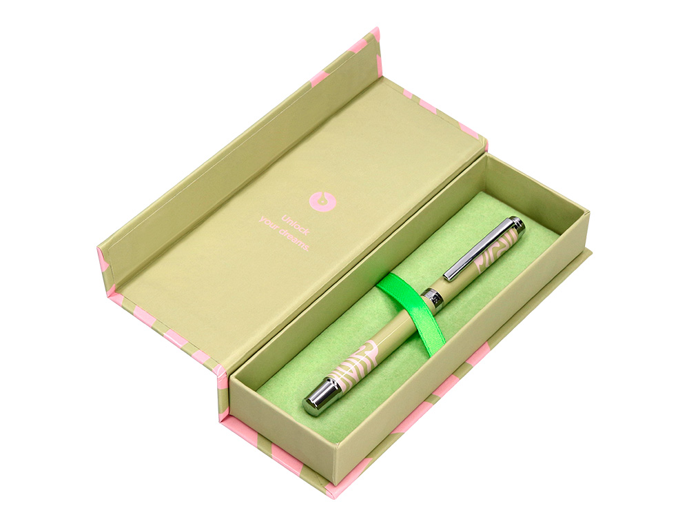 ROLLER BELIUS INK DREAMS ALUMINIO DESENHO VERDE MATCHA E ROSA PRATEADO FRASE INTERIOR CAIXA DESIGN TINTA PRETA