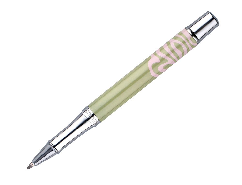 ROLLER BELIUS INK DREAMS ALUMINIO DESENHO VERDE MATCHA E ROSA PRATEADO FRASE INTERIOR CAIXA DESIGN TINTA PRETA