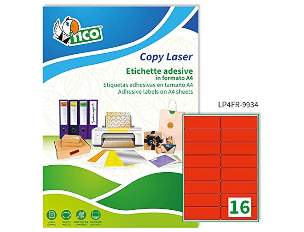 ETIQUETA ADESIVA TICO VERMELHO FLUOR PERMANENTE CERTIFICADO FSC LASER/JATO TINTA/FOTOCOPIA 99,1X34 MM CAIXA 1120 UDS