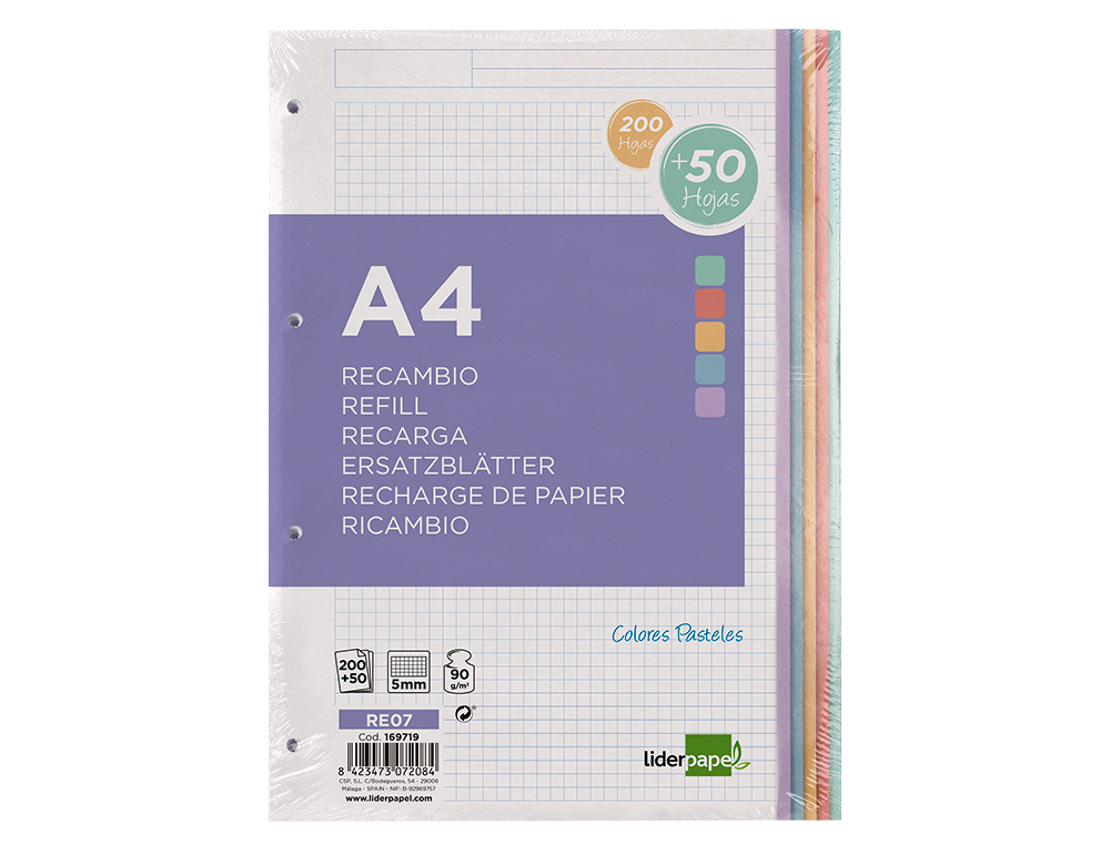RECARGA LIDERPAPEL A4 200+50 FOLHAS 90 GR QUADRICULA 5 MM 4 FUROS BANDAS DE 5 CORES