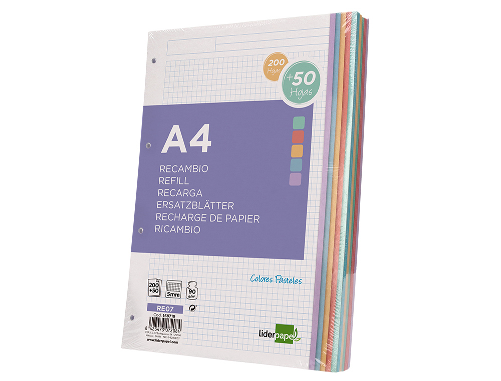 RECARGA LIDERPAPEL A4 200+50 FOLHAS 90 GR QUADRICULA 5 MM 4 FUROS BANDAS DE 5 CORES