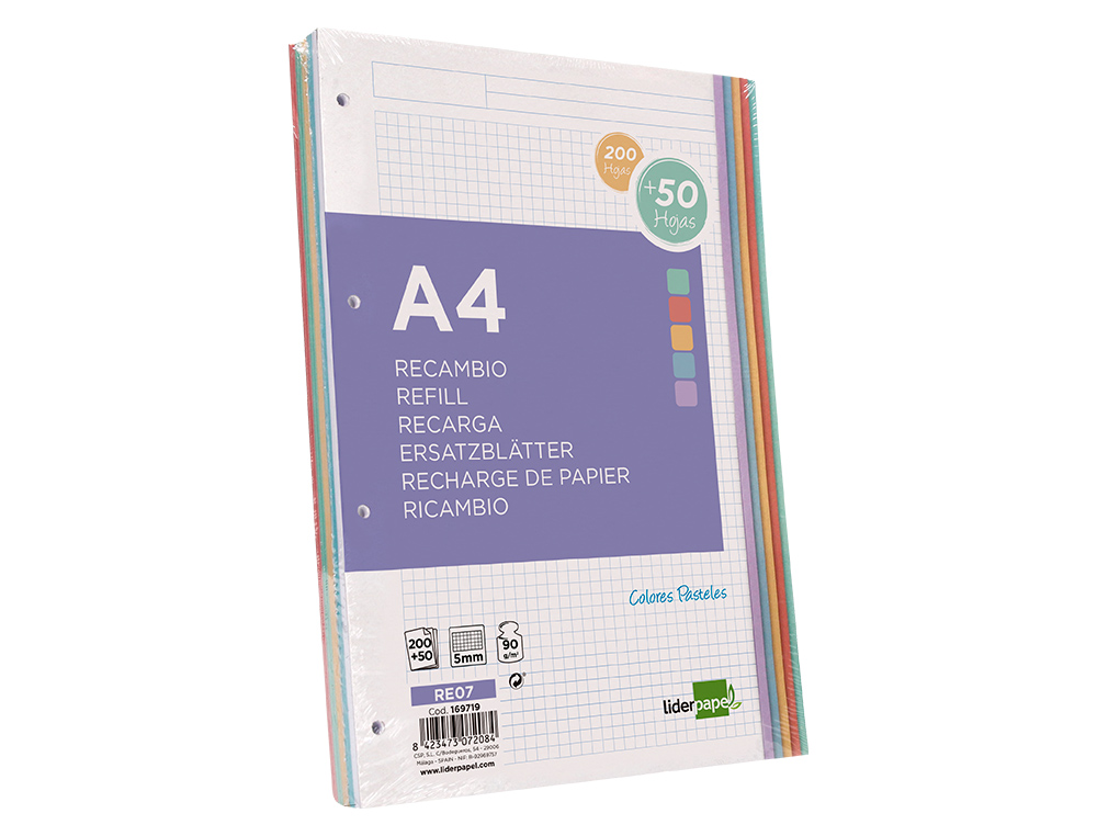 RECARGA LIDERPAPEL A4 200+50 FOLHAS 90 GR QUADRICULA 5 MM 4 FUROS BANDAS DE 5 CORES