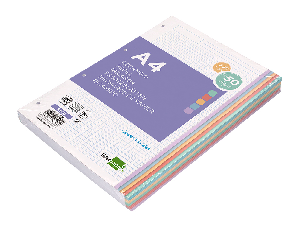 RECARGA LIDERPAPEL A4 200+50 FOLHAS 90 GR QUADRICULA 5 MM 4 FUROS BANDAS DE 5 CORES