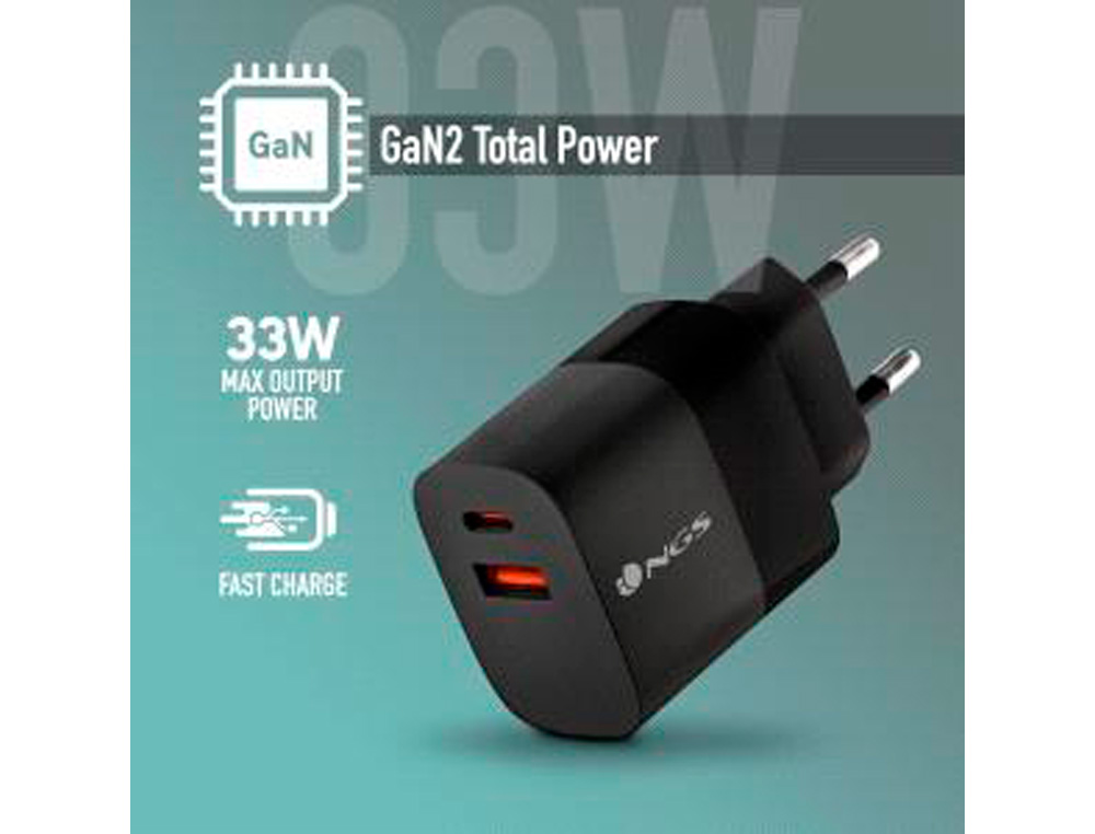 CARREGADOR GAN NGS DE PAREDE ULTRA RAPIDO PARA PORTATIL DE 33W COM 2 PORTAS USB-C + USB-A