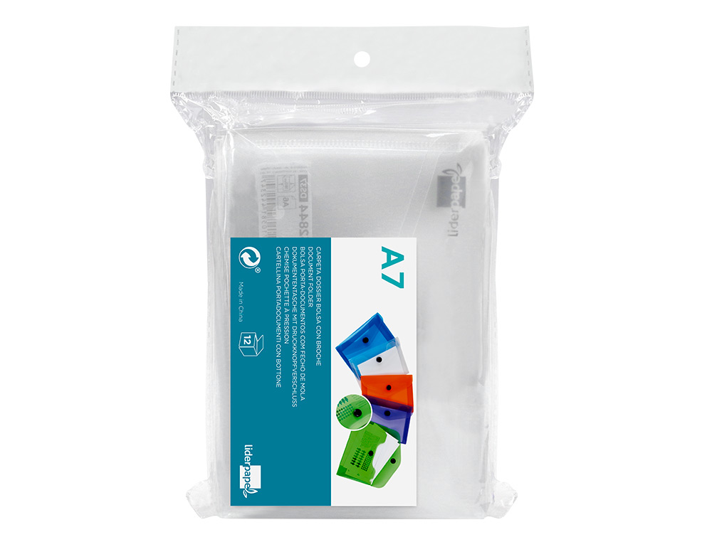BOLSA PORTA DOCUMENTOS LIDERPAPEL COM MOLA DIN A7 TRANSPARENTE