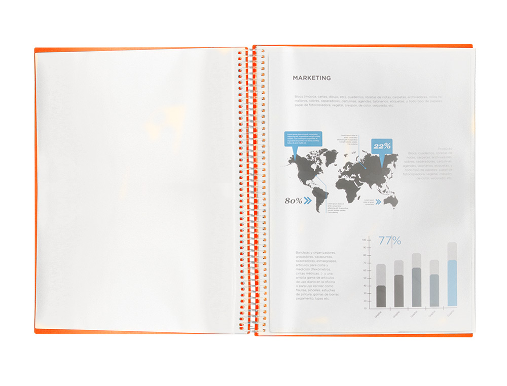 CAPA CATALOGO LIDERPAPEL COM ESPIRAL 60 BOLSAS POLIPROPILENO DIN A4 LARANJA
